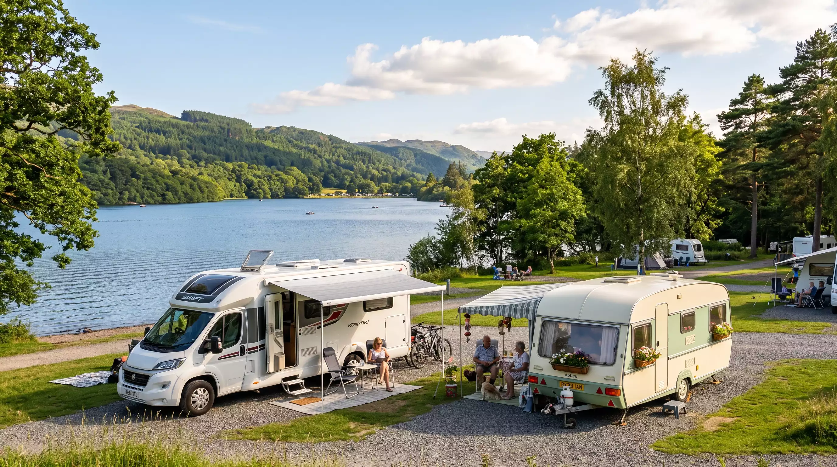 En modern husbil och en klassisk husvagn uppställda bredvid varandra på en naturskön camping intill en sjö.
